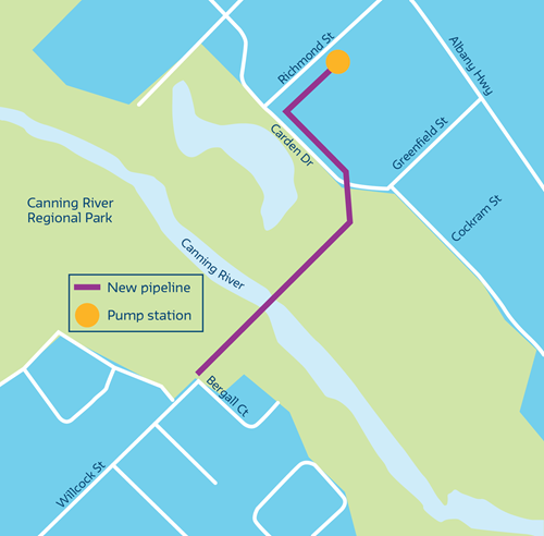 Map of propose wastewater pipeline, from Richmond Street Cannington crossing under Canning River and connecting to our existing pipeline along Willcock Street, Ferndale.