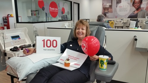 Water Corporation Red Cross coordinator, Chris, makes her 100th blood donation