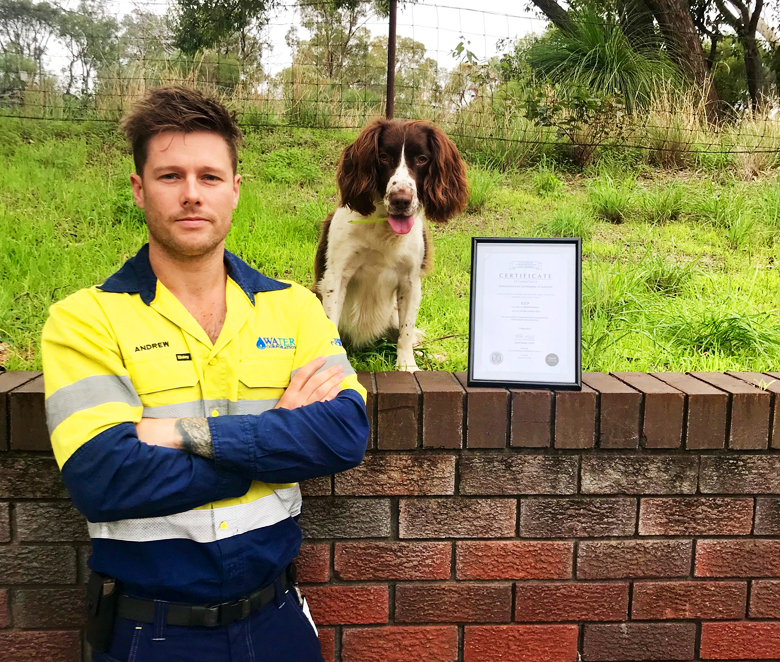 Our leak detection dog Kep and handler Andrew Blair