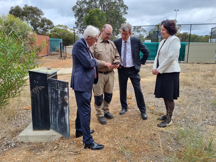 Water Minister Dave Kelly, MLA Mathew Hughes, Lesmurdie Senior High School Principal Kerry Chipchase, Gardener Jeffrey Lever and Water Corporation Demand Delivery Coordinator Mel Sklenars following completion of the school's waterwise upgrades