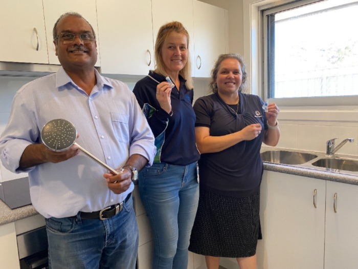 WC Regional Manager Sharon Broad, DoC Regional Executive Director Neila Williams, Pilbara MLA Kevin Michel at a property recently retrofitted