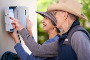 A couple checking their irrigation controller