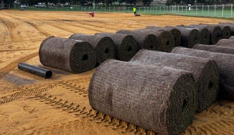 Rolls of turf for the Bruce Lee Reserve playing oval
