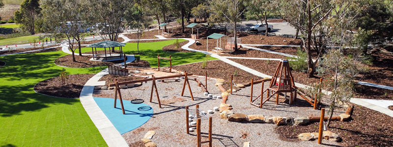 A high angle view of the playground and nature play area at Churchman Brook Dam