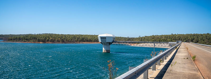 The intake tower at North Dandalup Dam, surrounded by water
