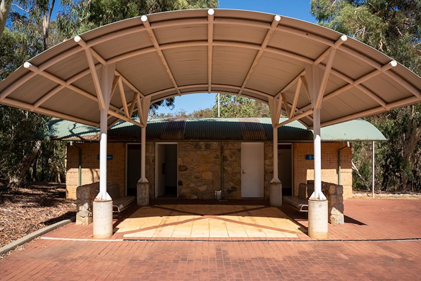 A toilet block with a large roof for shade at North Dandalup Dam