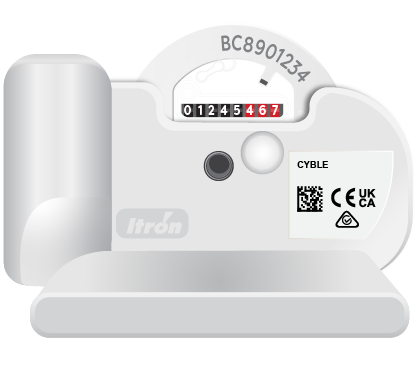 A smart meter which has a cyble on top. The dials on the meter and the meter number are visible at the top right of the meter face