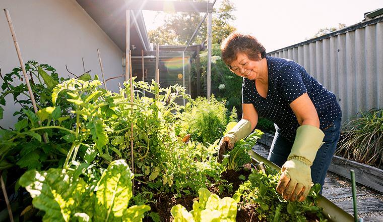 Woman attending to her vegetable garden