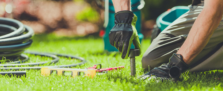 Gardener checking sprinkler on the lawn