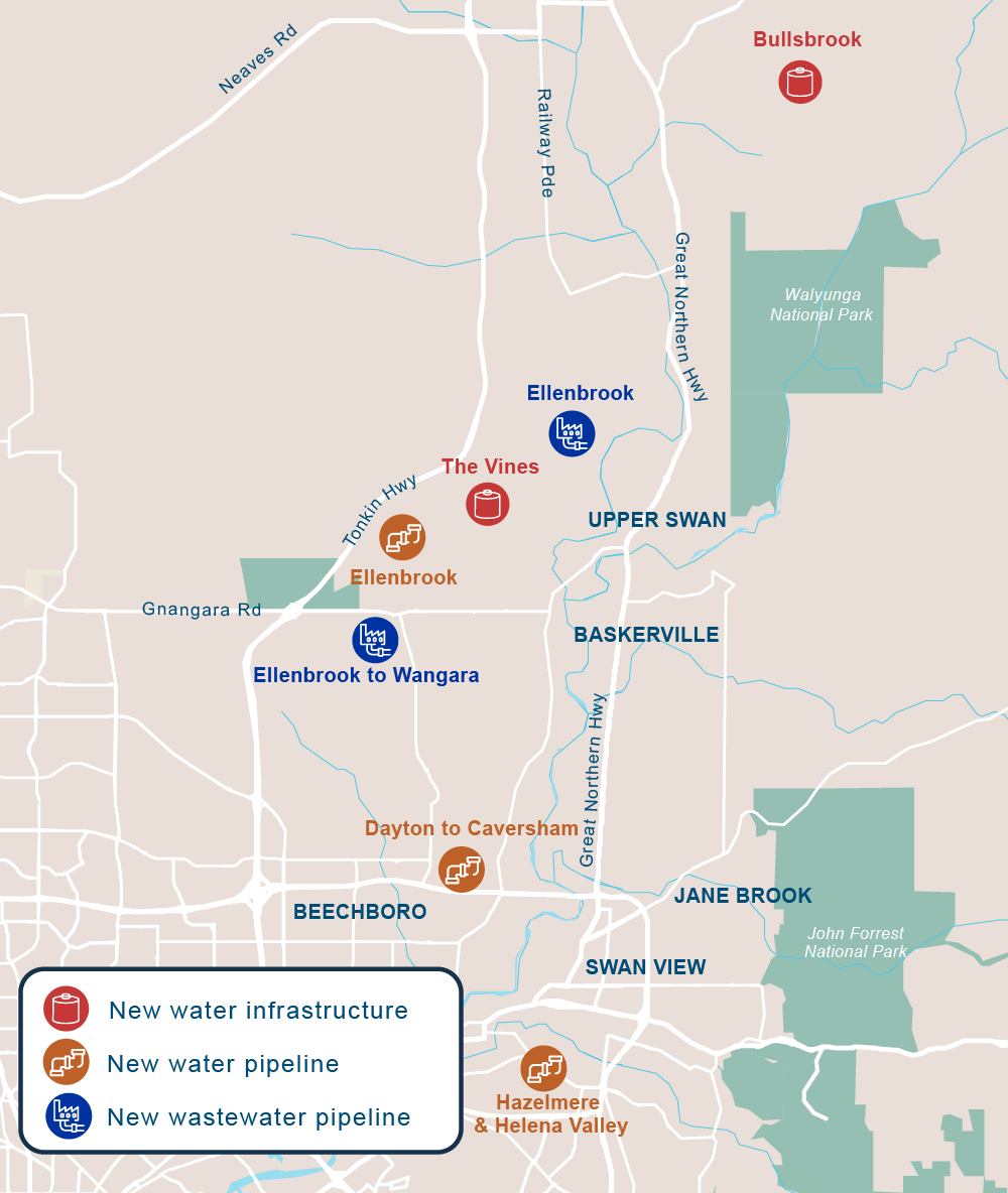 A project map of the City of Swan, showing where Water Corporation is conducting work on water and wastewater infrastructure