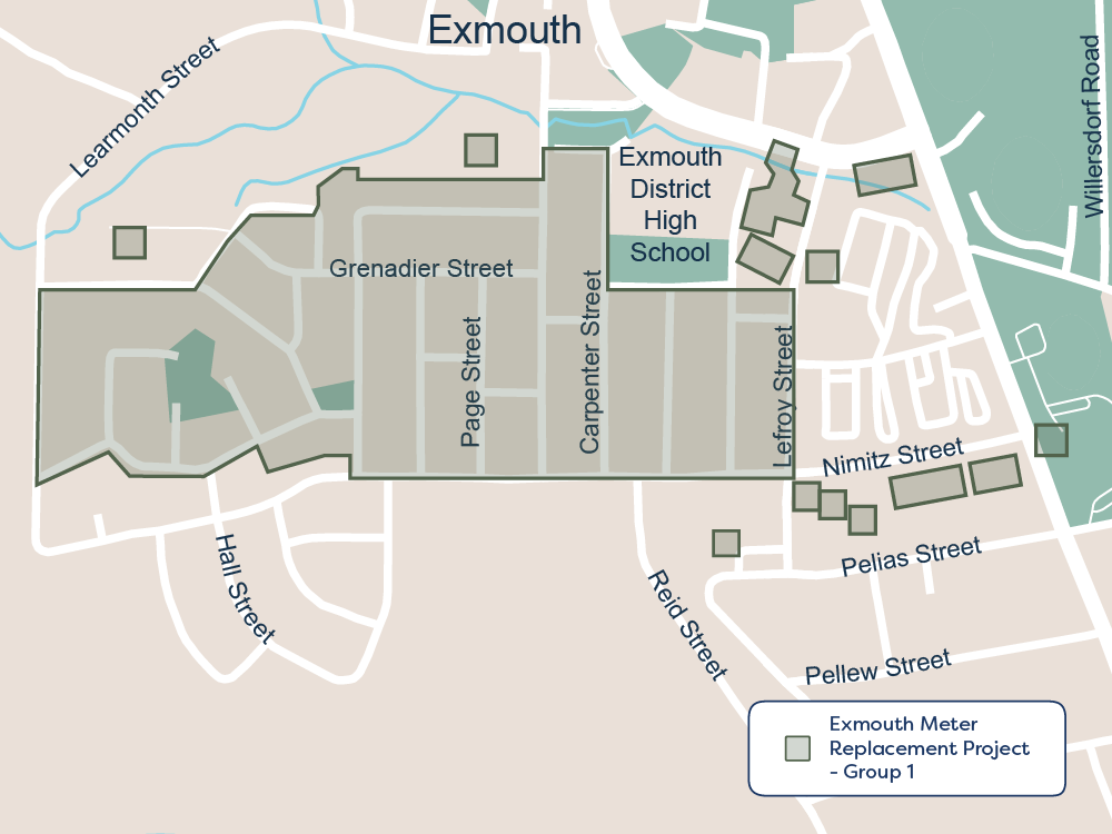 A map showing where Group 1 meter replacements will take place in Exmouth