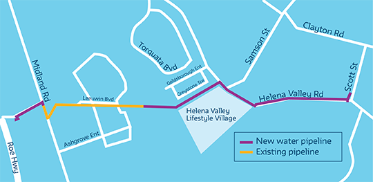 Map with existing and new water pipeline in Hazelmere and Helena Valley