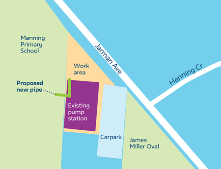 Map of existing Jarman Avenue Pump Station in Manning and work area to the north of the pump station  