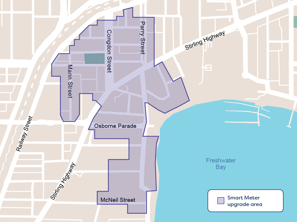 A map of Claremont, a suburb in Perth, shows which areas will receive a smart meter installation.