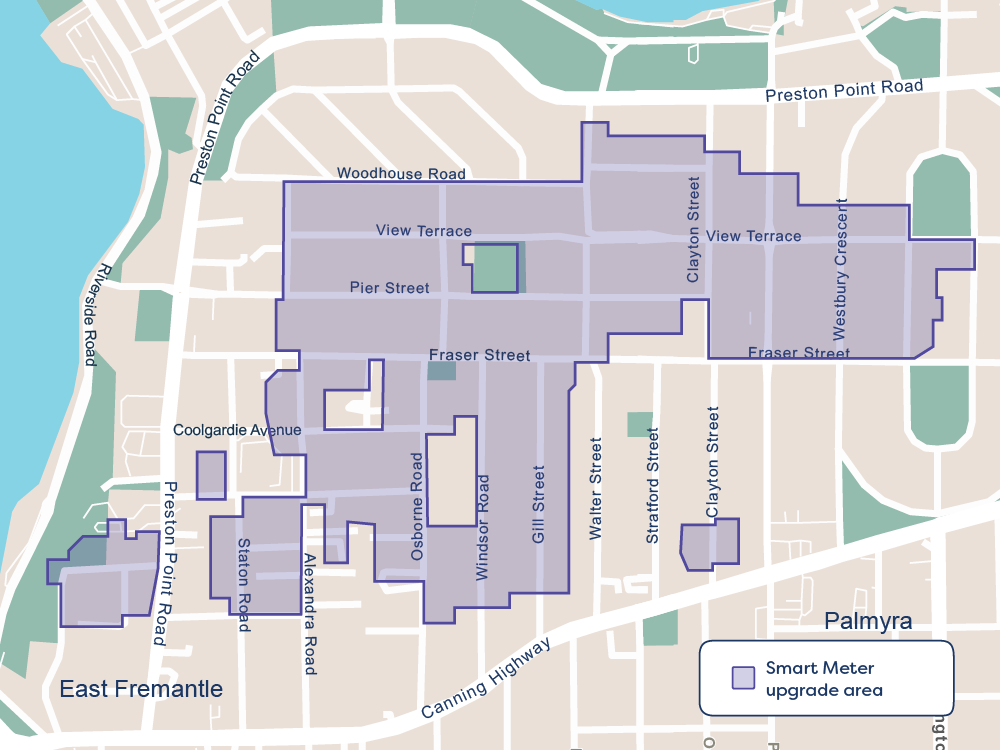 A map of East Fremantle, a suburb in Perth, shows which areas will receive a smart meter installation.