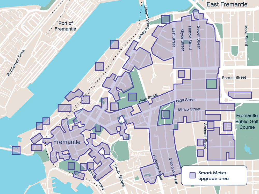 A map of Fremantle, a suburb in Perth, shows which areas will receive a smart meter installation.