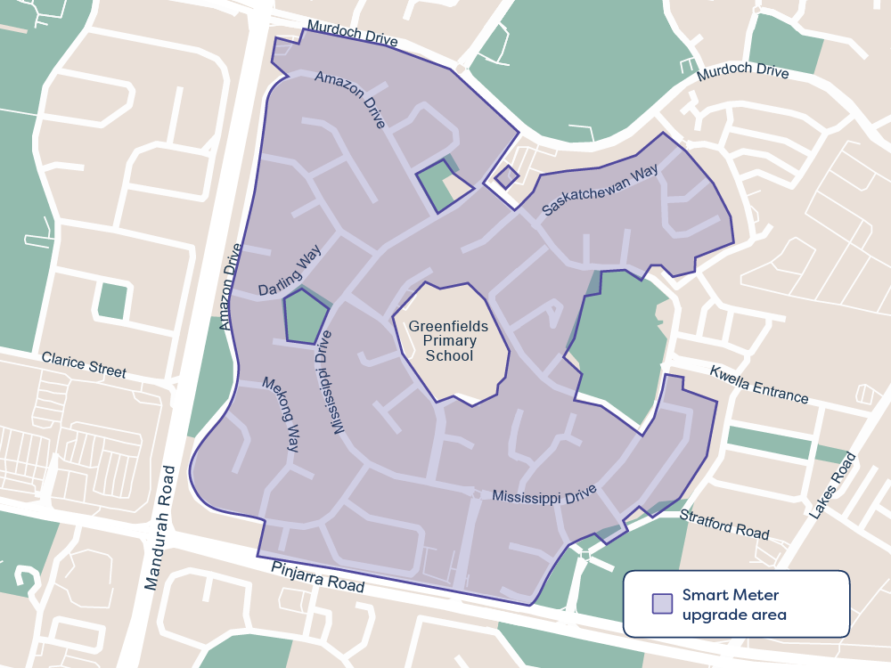 A map of Greenfields, a suburb in Perth, shows which areas will receive a smart meter installation.