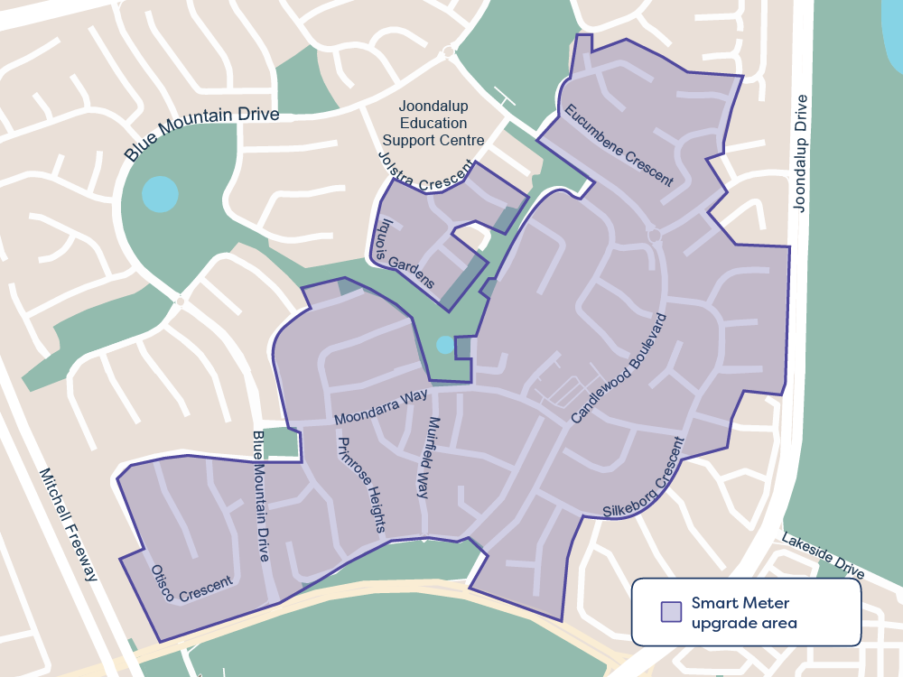 A map of Joondalup, a suburb in Perth, shows which areas will receive a smart meter installation.