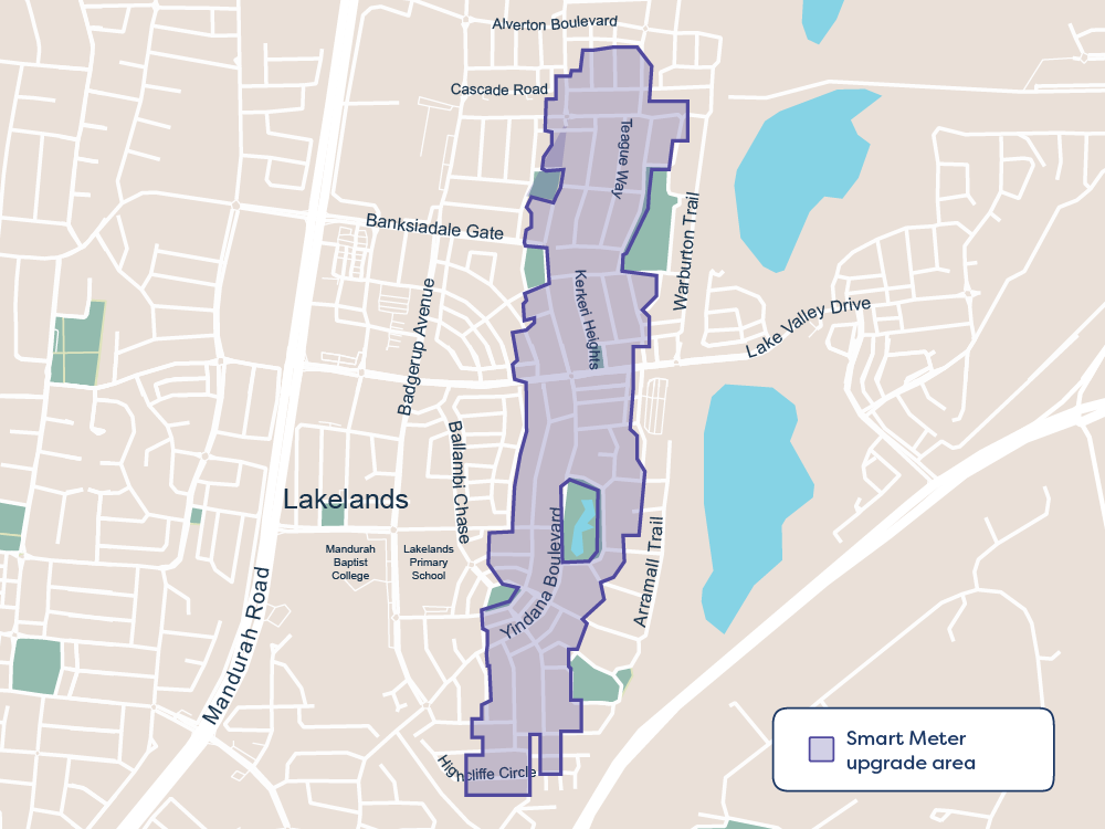 A map of Lakelands, a suburb in Perth, shows which areas will receive a smart meter installation.