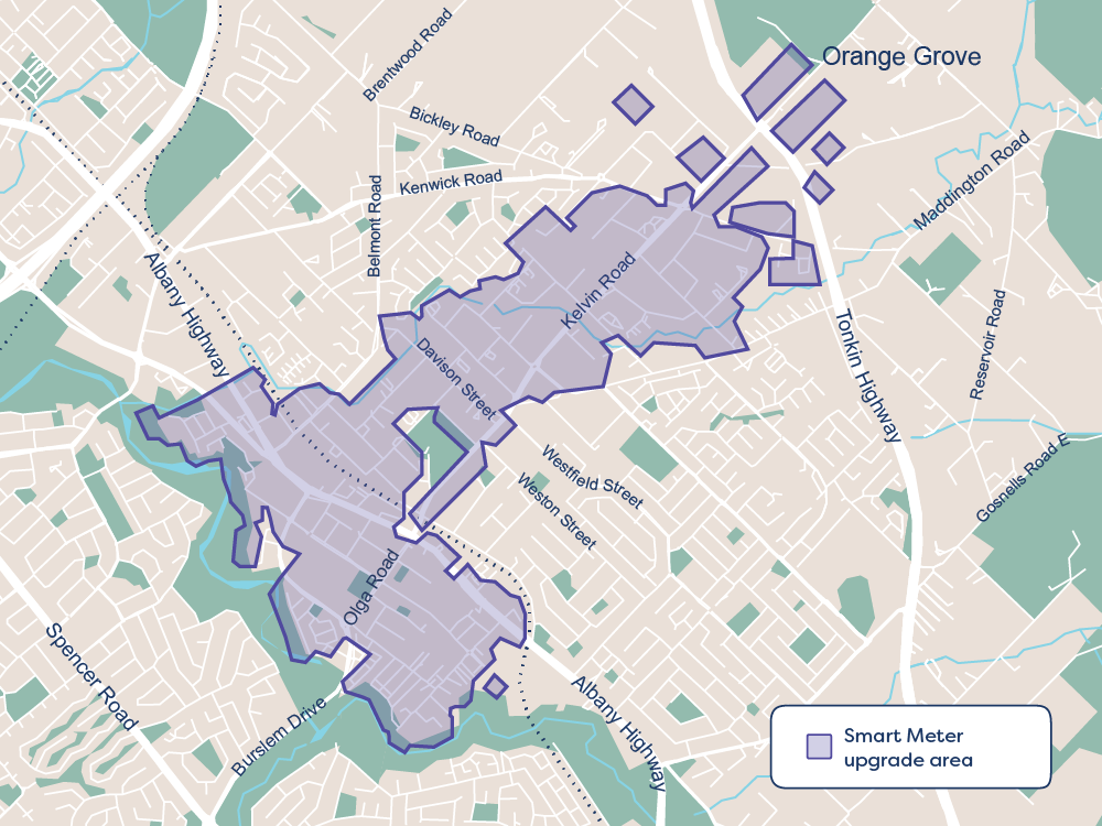 A map of Maddington, a suburb in Perth, shows which areas will receive a smart meter installation.