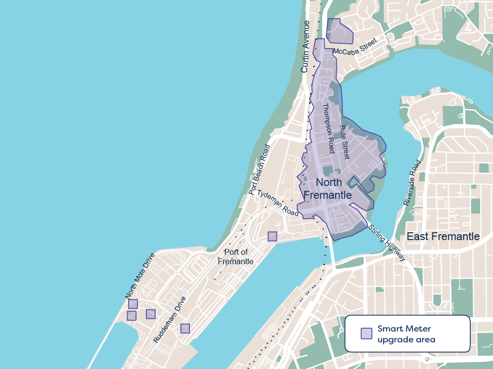 A map of North Freo, a suburb in Perth, shows which areas will receive a smart meter installation.