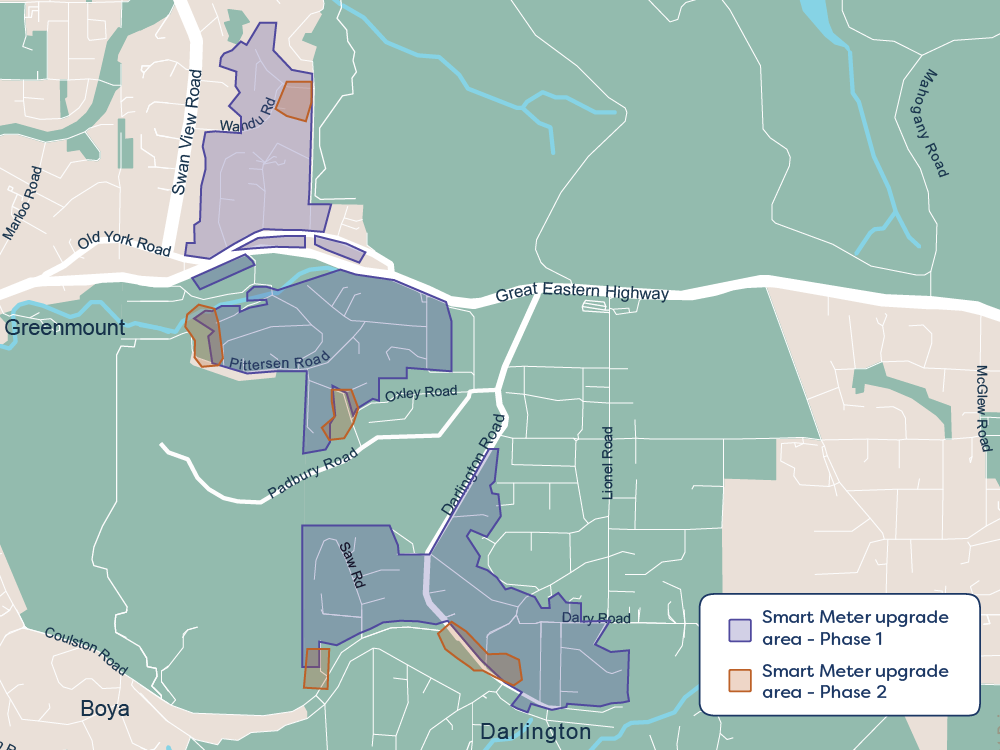 A map of Darlington, a suburb in Perth, shows which areas will receive a smart meter installation. The streets that will receive a smart meter during this phase are shaded with blue.