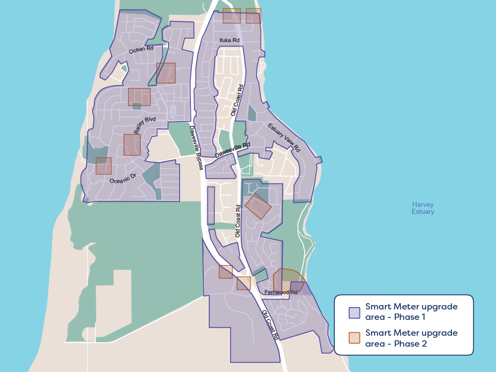 A map of Dawesville, a suburb in Perth, shows which areas will receive a smart meter installation. The streets that will receive a smart meter during this phase are shaded with blue.