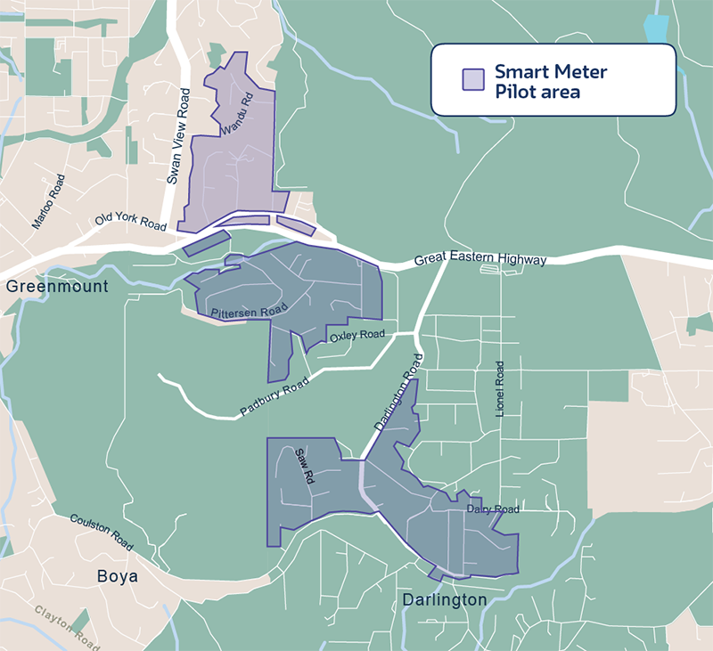 A map of Darlington, a suburb in Perth, shows which areas will receive a smart meter installation. The streets that will receive a smart meter during this phase are shaded with blue.