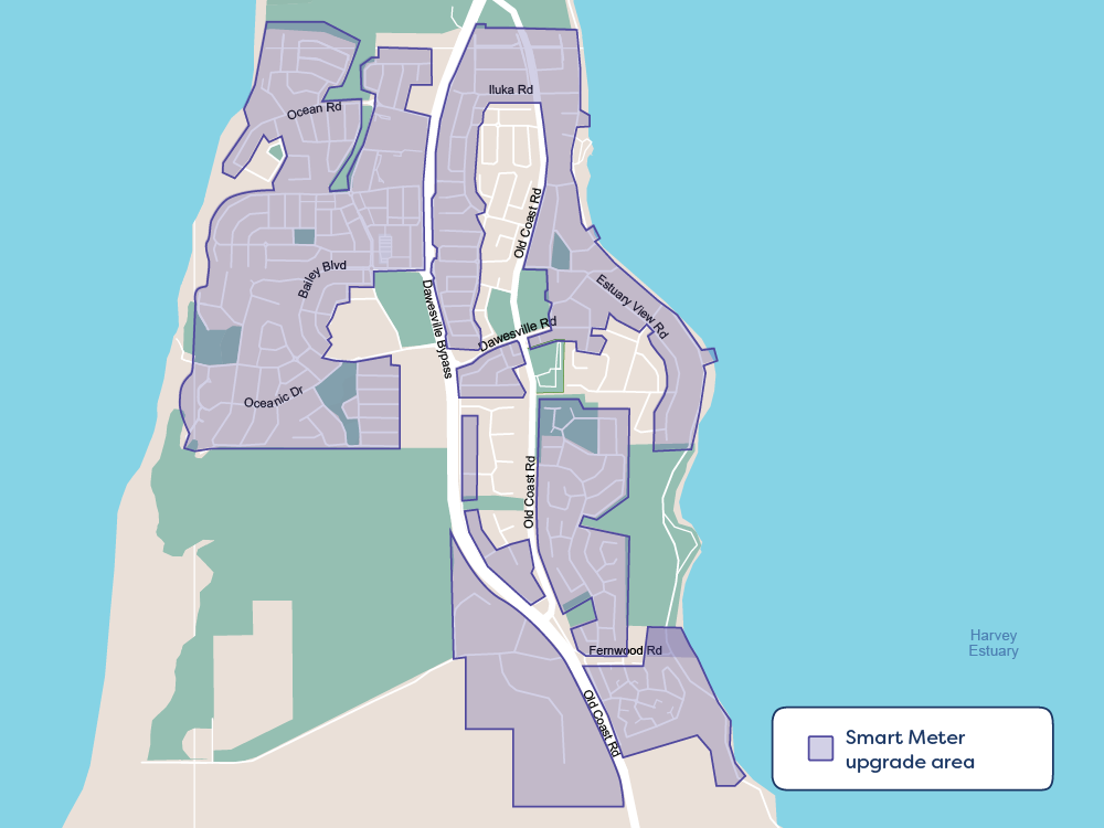 A map of Dawesville, a suburb in Perth, shows which areas will receive a smart meter installation. The streets that will receive a smart meter during this phase are shaded with blue.