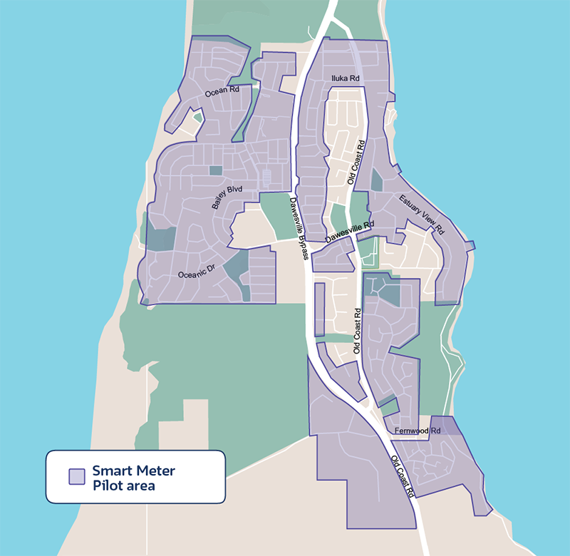 A map of Dawesville, a suburb in Perth, shows which areas will receive a smart meter installation. The streets that will receive a smart meter during this phase are shaded with blue.