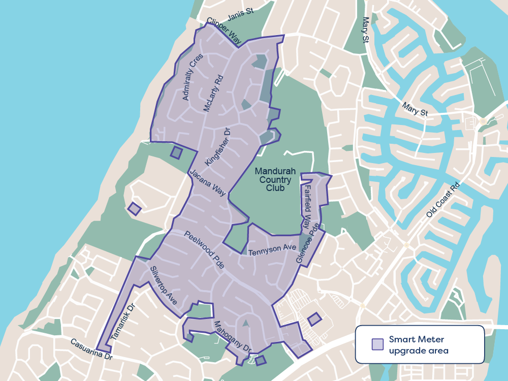 A map of Halls Head, a suburb in Perth, shows which areas will receive a smart meter installation. The streets that will receive a smart meter during this phase are shaded with blue.
