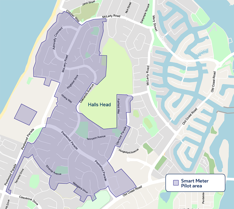A map of Halls Head, a suburb in Perth, shows which areas will receive a smart meter installation. The streets that will receive a smart meter during this phase are shaded with blue.