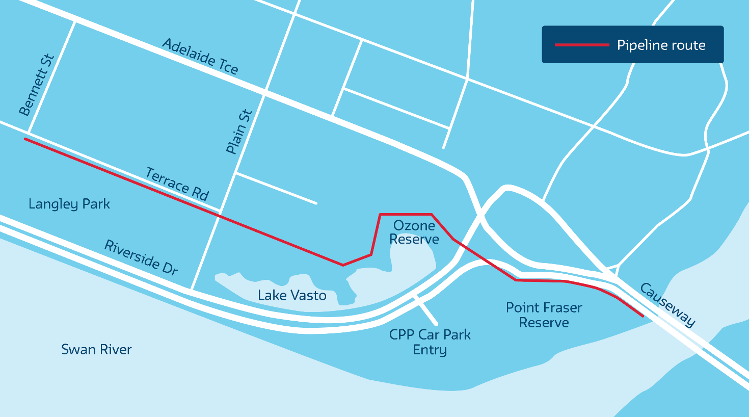 Map of pipeline route along Terrace Rd, Ozone Reserve and Point Fraser Reserve