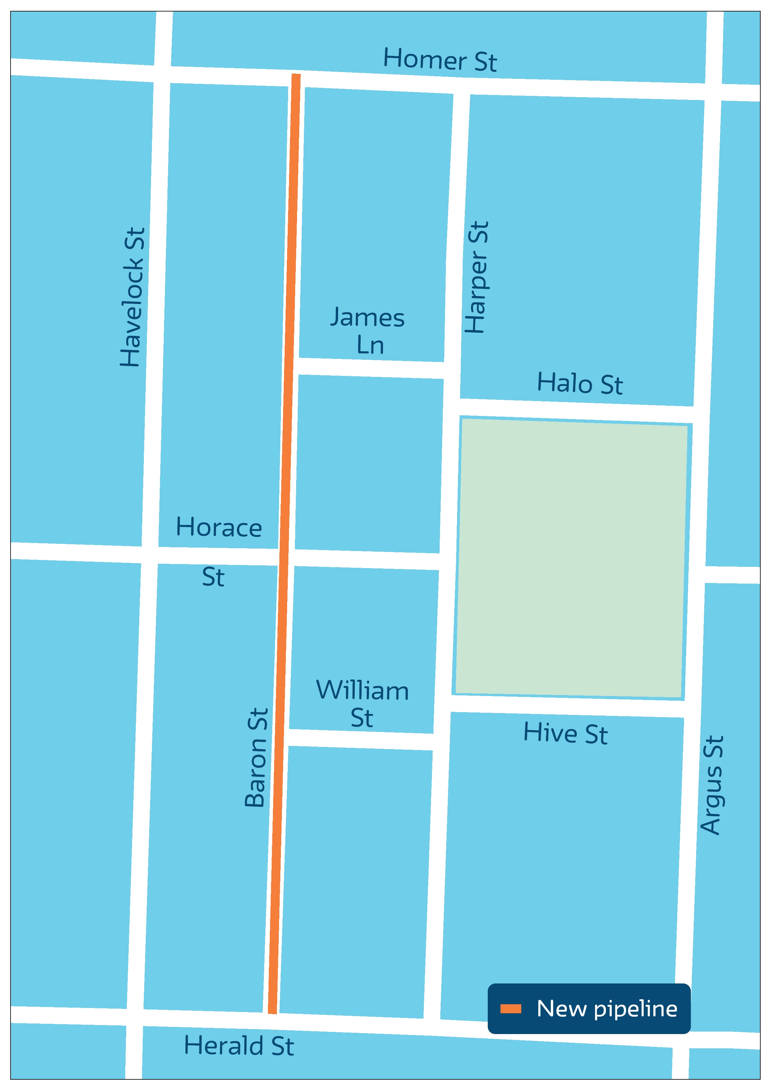 Image shows planned pipe replacement running along Barron Street, Narrogin, between Herald St and Homer St