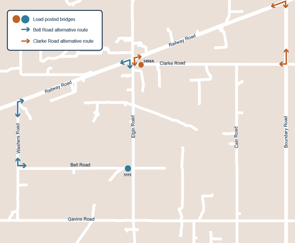 A map showing detours around two bridges on Bell Road and Clarke Road in Capel.