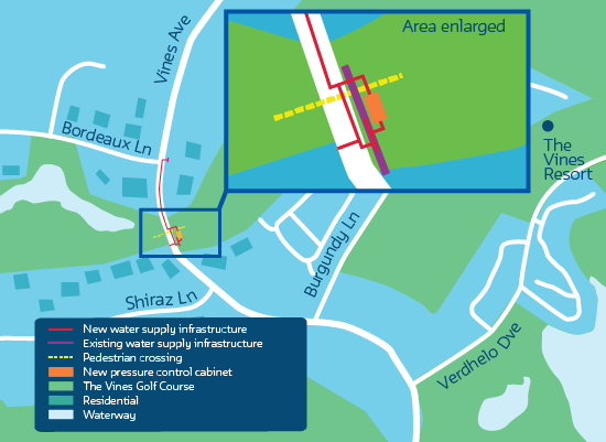 A map showing the work area of The Vines water supply upgrades, between Bordeaux Lane and Shiraz Lane