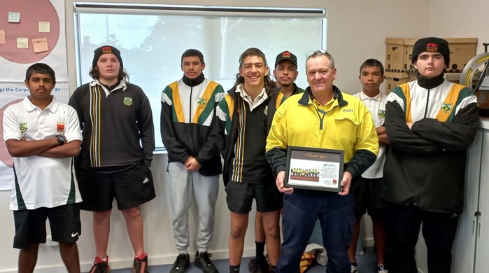 Narrogin Clontarf Foundation students and Water Corporation Upper Great Southern Operations Manager Tony Peplow