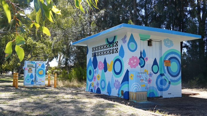 Pump station and electrical cabinets splashed with colour
