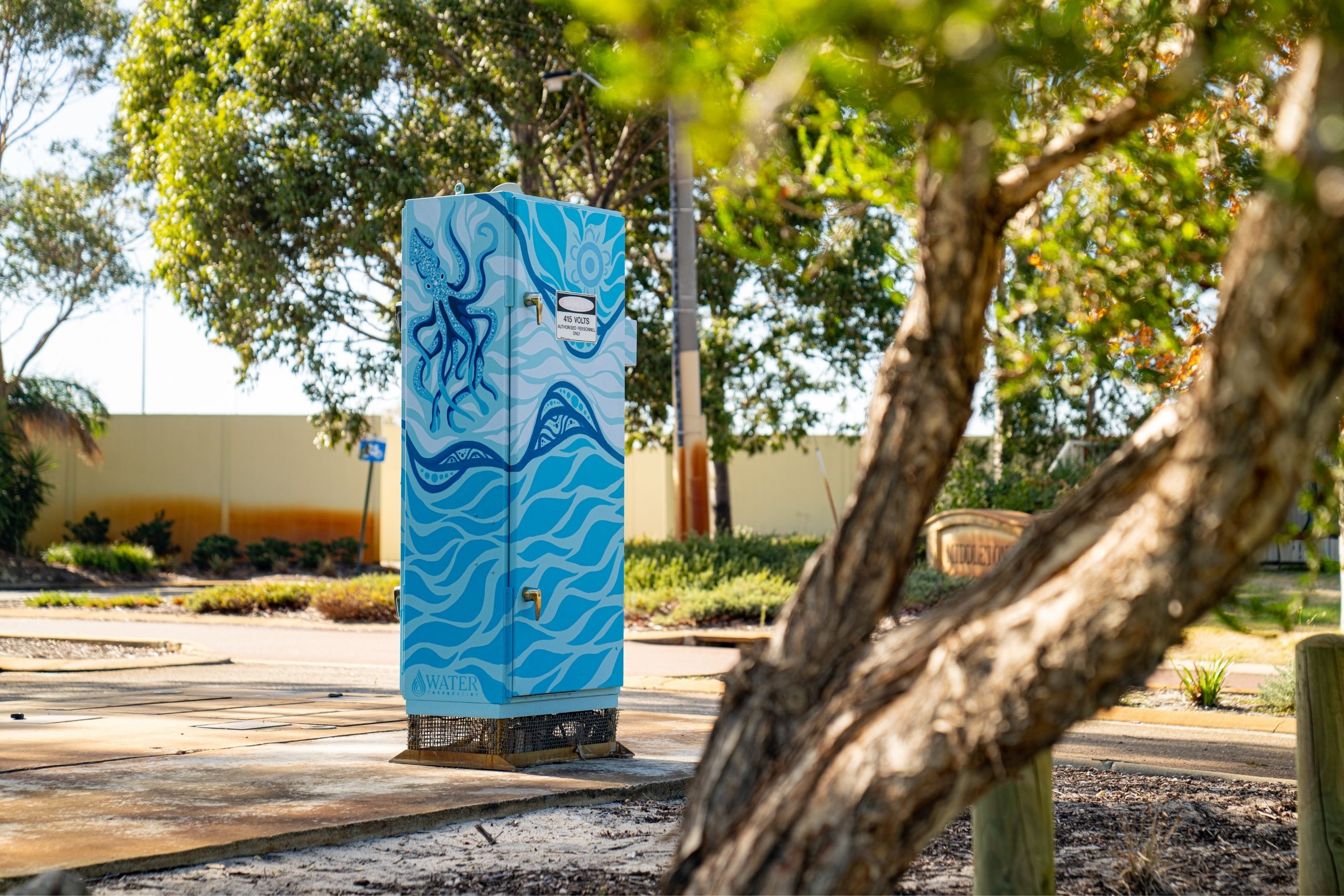 Utility box painted with flowing blue and green patterns, circular motifs, and a stylised bird design, situated in a leafy suburban park.
