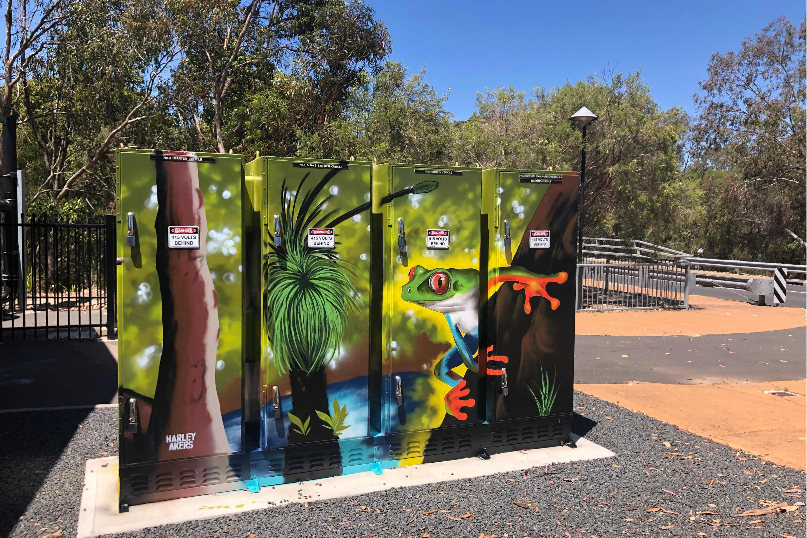 Series of utility boxes painted with a detailed native bush scene featuring a brightly coloured tree frog, local vegetation, and sunlit forest tones of green, yellow, and brown.