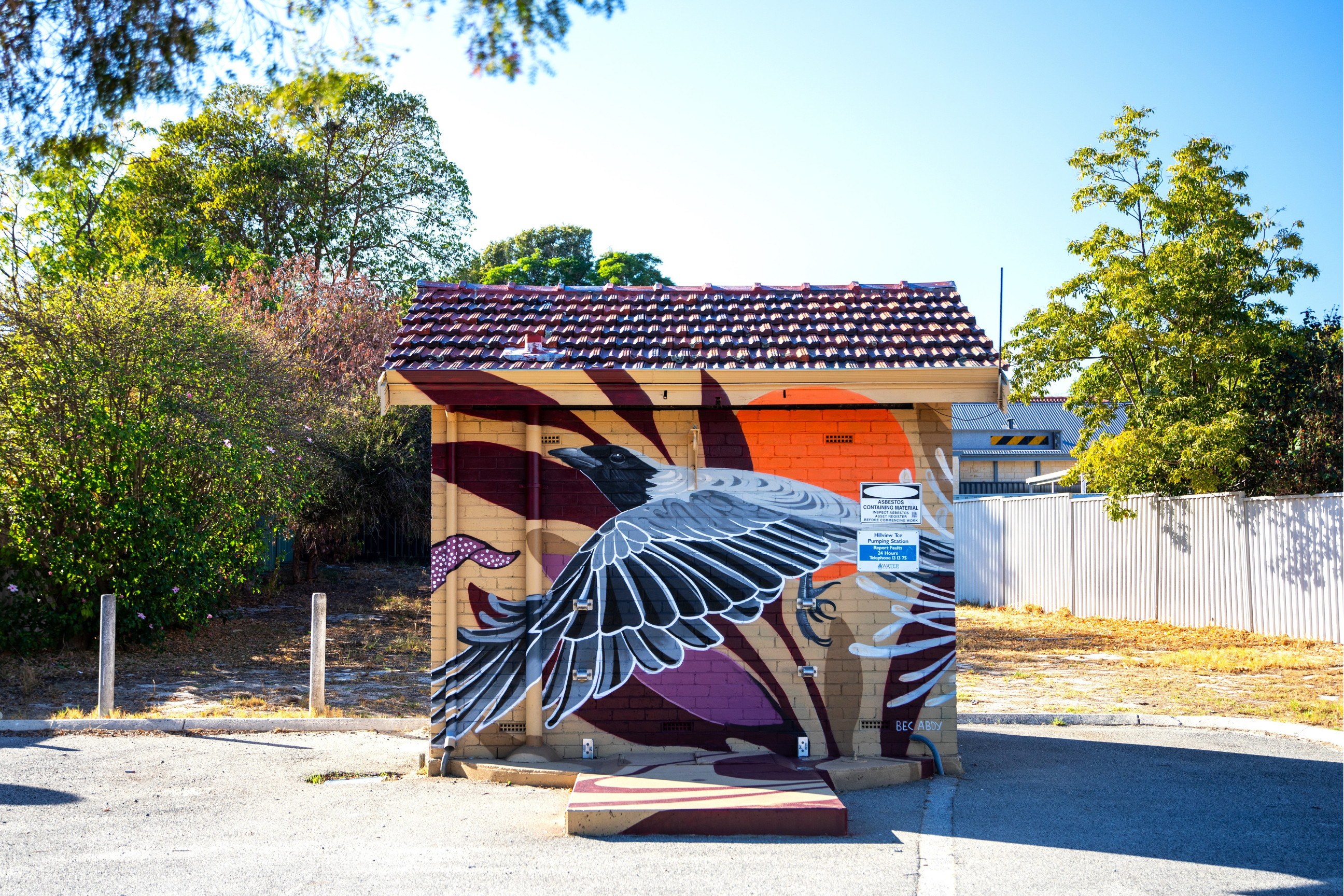 Utility building transformed with a striking mural of a native black-and-white bird in flight, set against stylised foliage and warm sunset-inspired tones of orange, burgundy, tan, and cream.