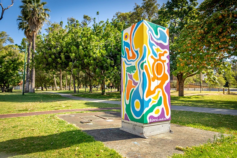Splash of Colour City of Perth Mural Jarni McGuire An operational asset painted with a colourful mural showing different native animals