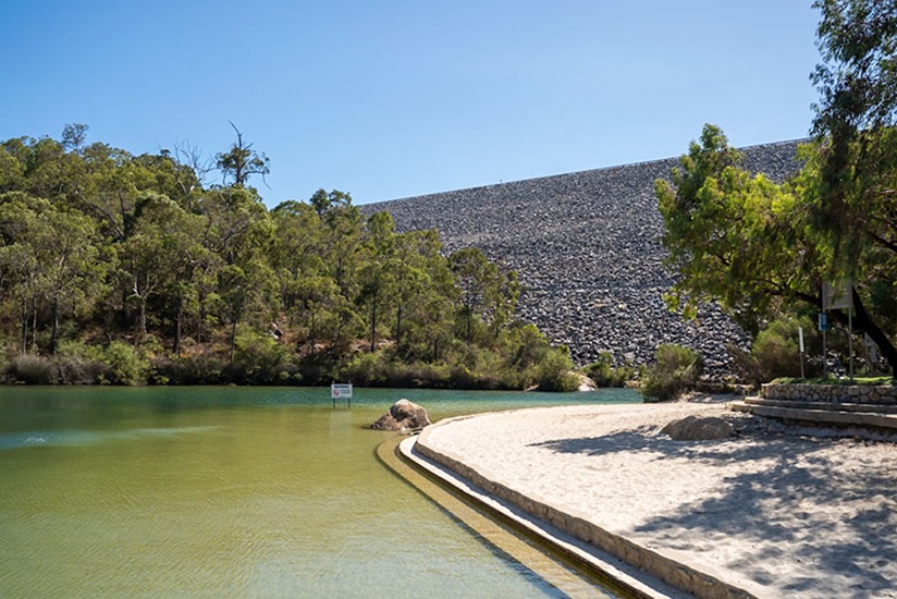 North Dandalup Dam Lake View A sandpit with steps leads towards the water's edge of the lake at North Dandalup Dam