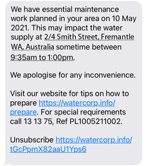 Water supply sms notification example