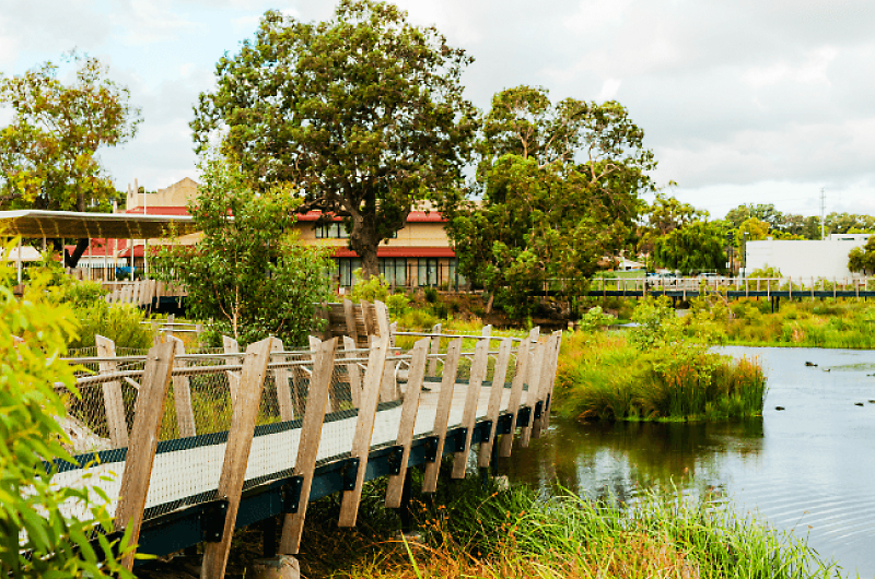 The walkway bridge at Wharf St Basin Next Generation Park. Image credit: Danika Zuks