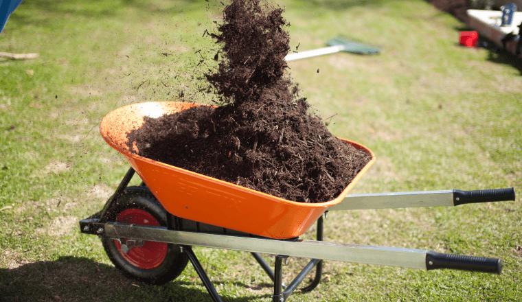 Mulch dropping into a wheelbarrow