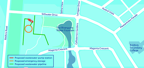 Map of wastewater upgrade work in Stillwater Drive Baldivis