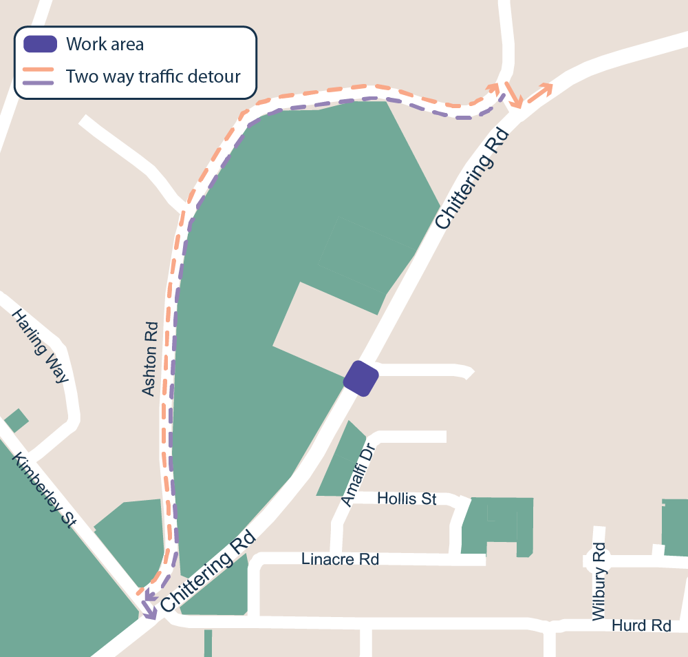 Map of the detour that will be in place when Chittering Road is temporarily closed from Monday 18 May to Tuesday 19 May 2026.