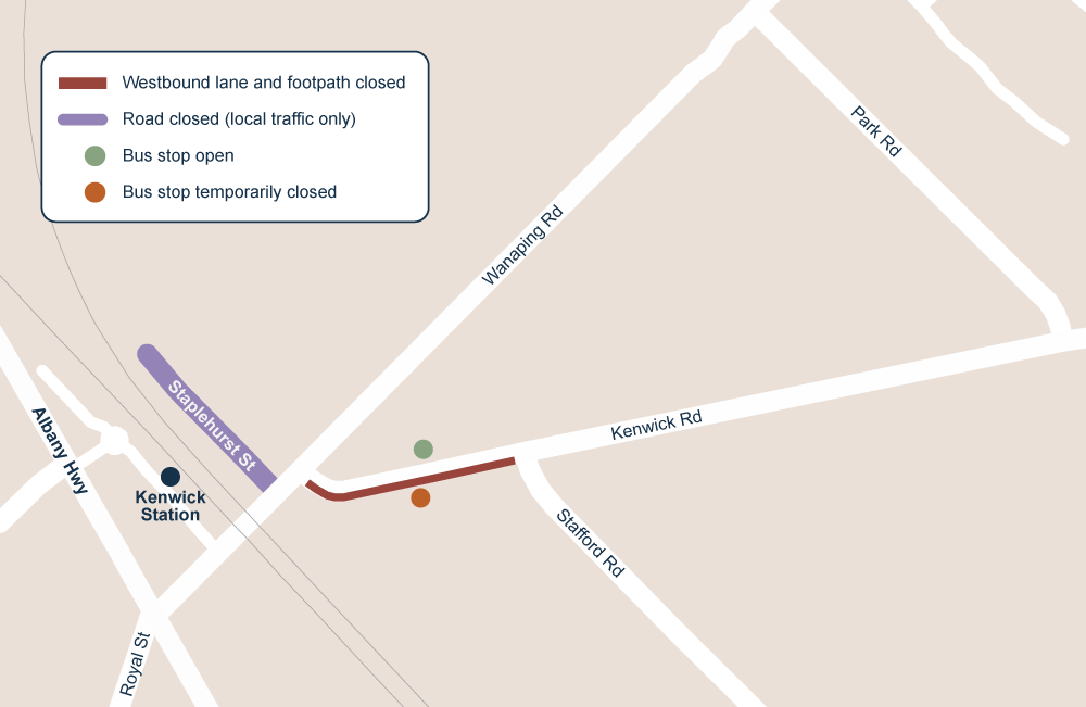 Traffic management map for Kenwick Road, westbound lane closed between Stafford Road and Wanaping Road